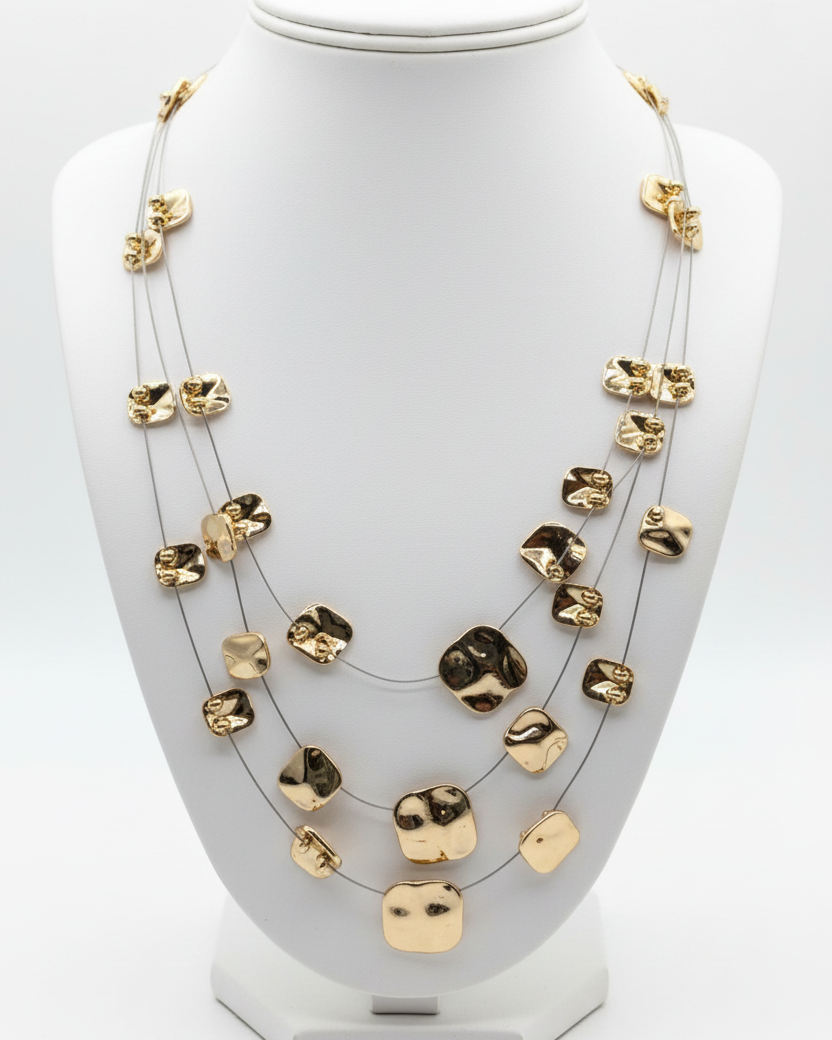 Aura Hammered Gold Multi-Strand Illusion Statement Necklace