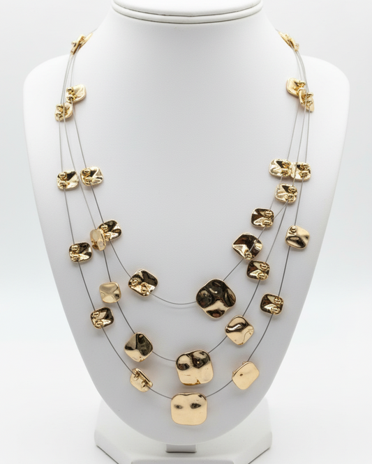 Aura Hammered Gold Multi-Strand Illusion Statement Necklace