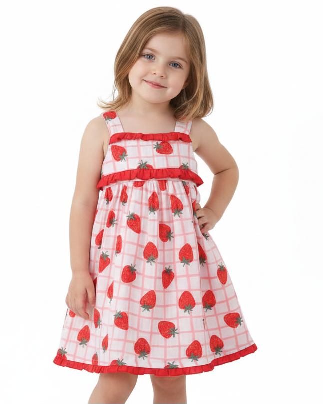 Red Strawberry Muslin Plaid Dress
