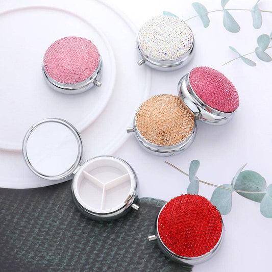 Bling Round Mirror Compact Pill Organizer Case