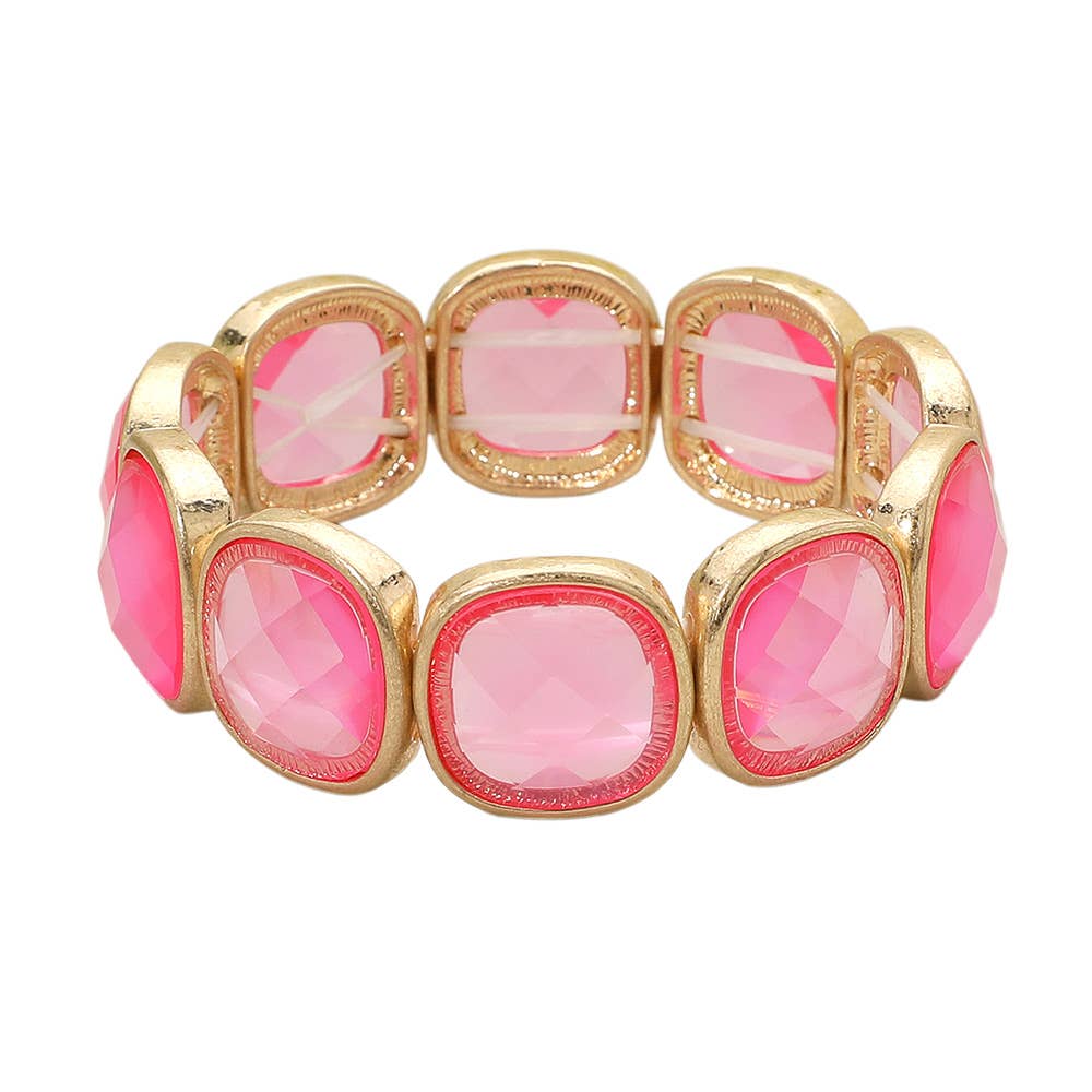 Round Square Glass Stone Frame Beaded Stretch Bracelet