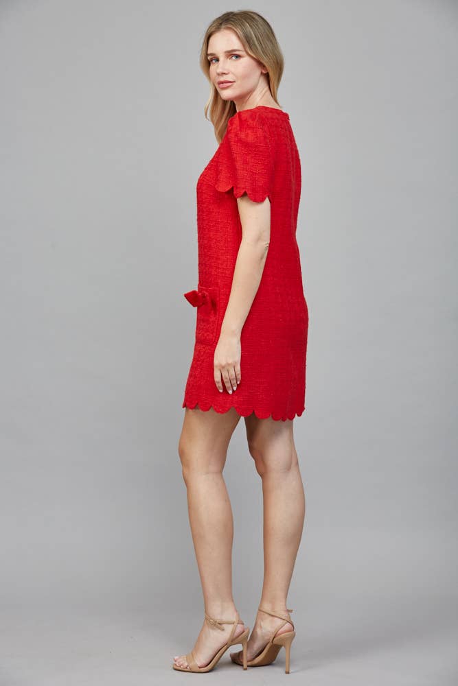 Scallop Red Bow Tweed Dress