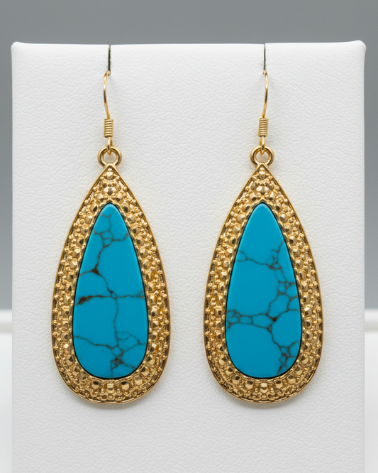 Vintage Textured Gold & Veined Turquoise Drop Earrings