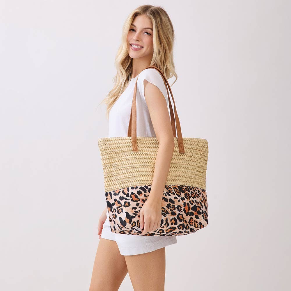 Leopard Print Straw Shoulder Bag