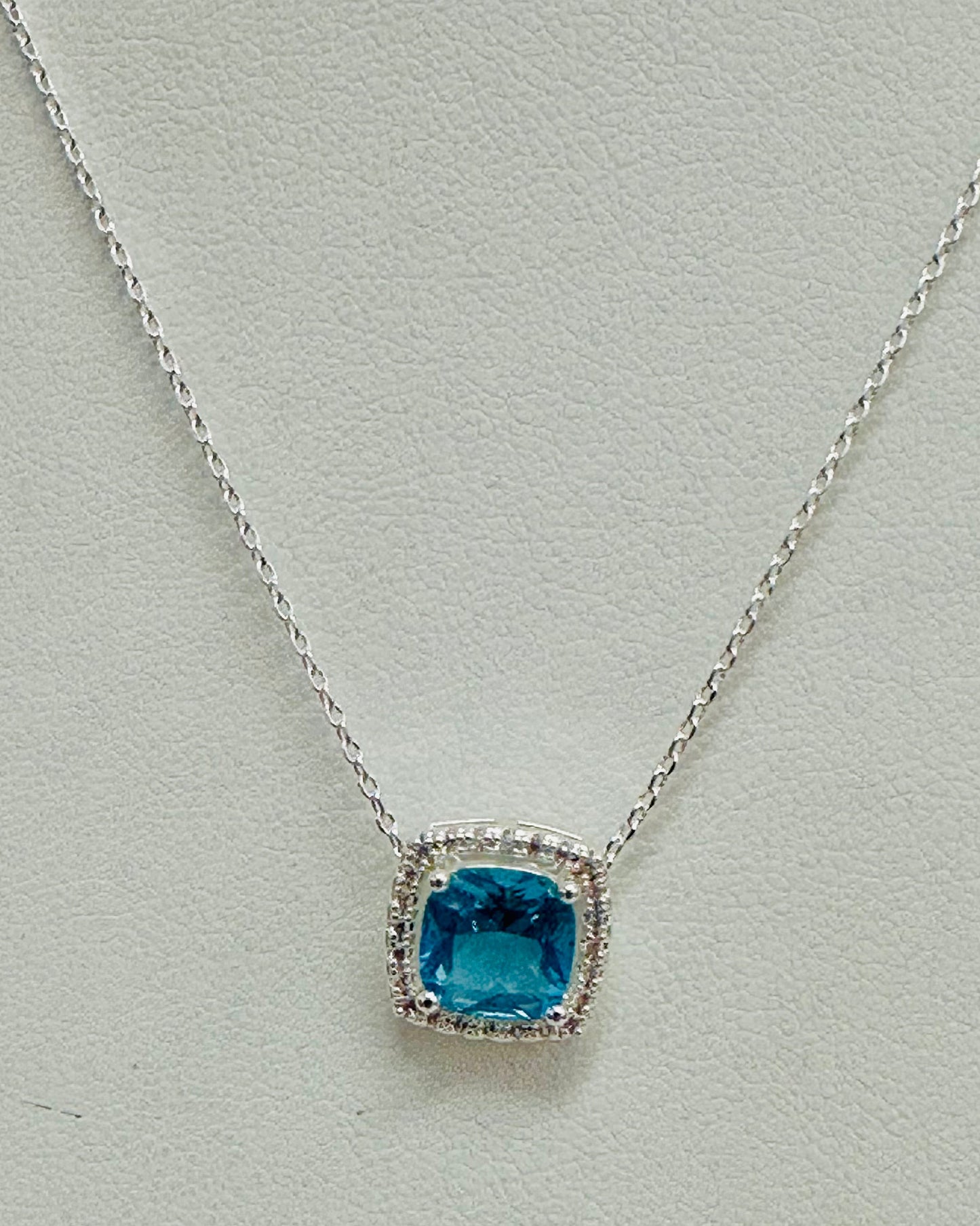 Cushion-Cut Blue Topaz Halo Necklace