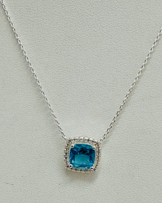 Cushion-Cut Blue Topaz Halo Necklace