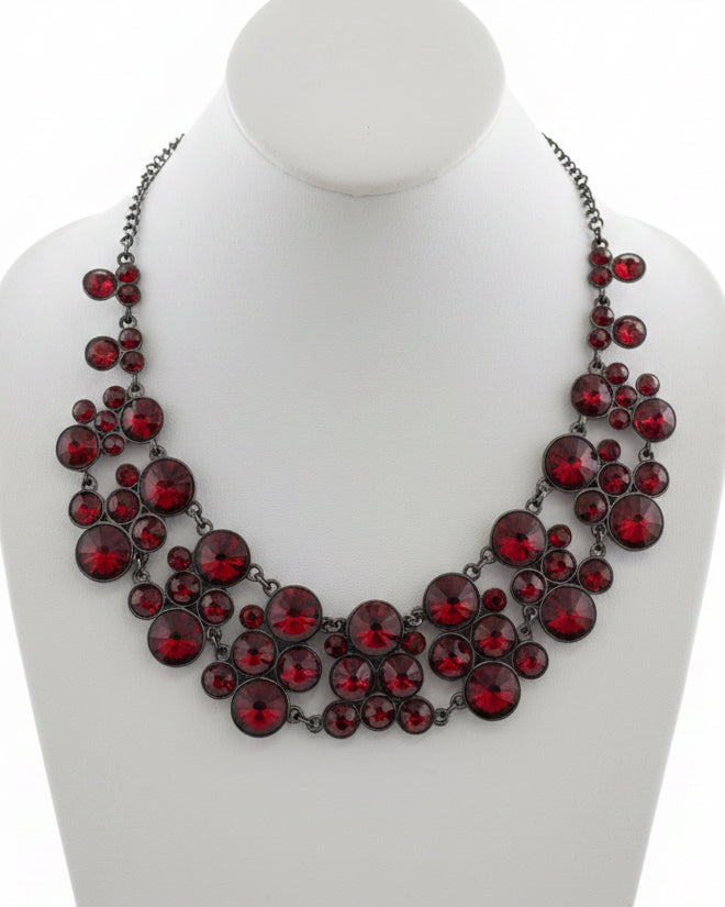 Vintage Faceted Crimson Red Crystal Gunmetal Bib Statement Necklace