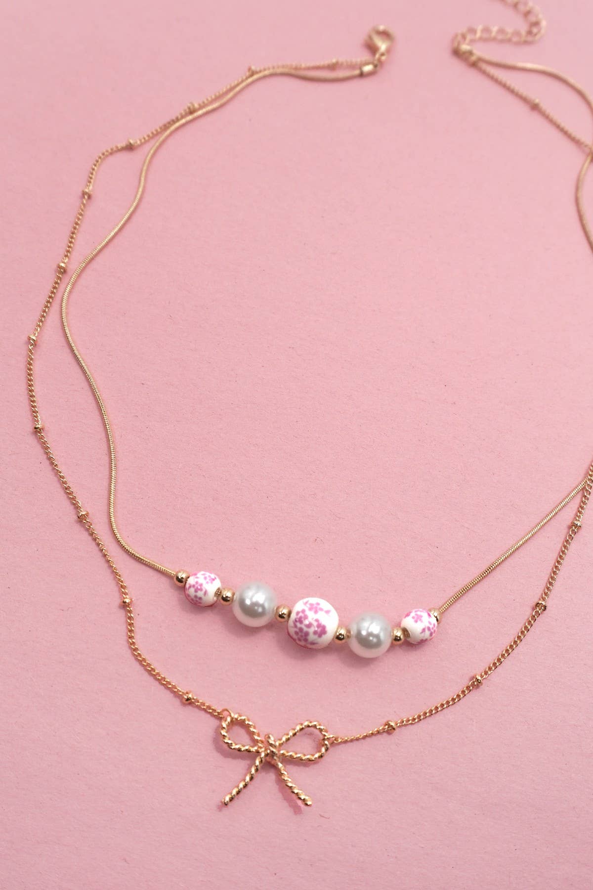 Pink Ceramic Porcelain Bow Layered Necklace