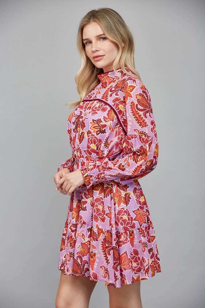 Long Sleeve Lavender Print Mini Dress