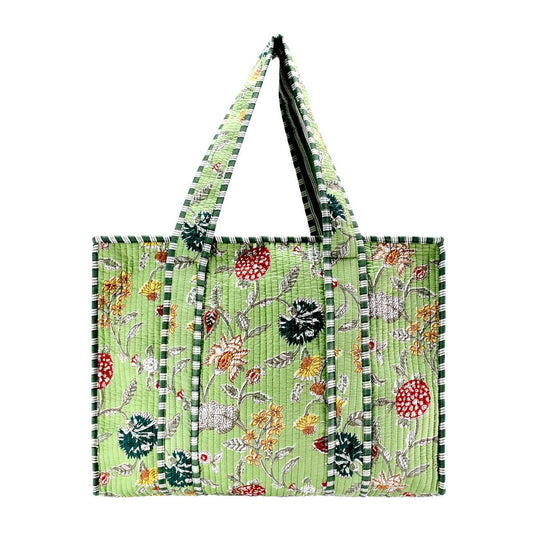 Green Wild Cotton Block Print Tote Bag- Small & Large