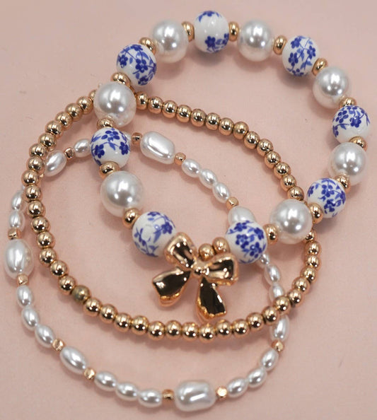 Blue Ceramic Porcelain Bow Multi Bracelet