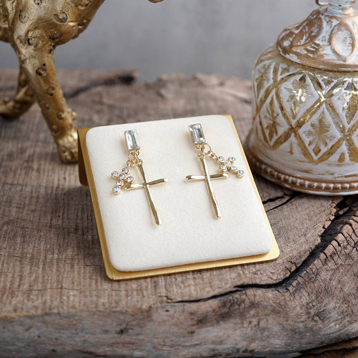 Sacred Spark Golden Cross Cluster Statement Earrings