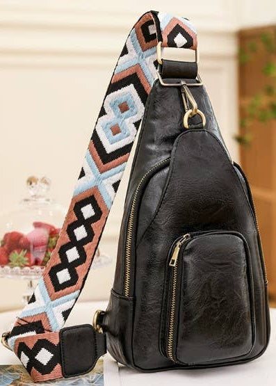 Black Vegan Leather Sling Crossbody Bag