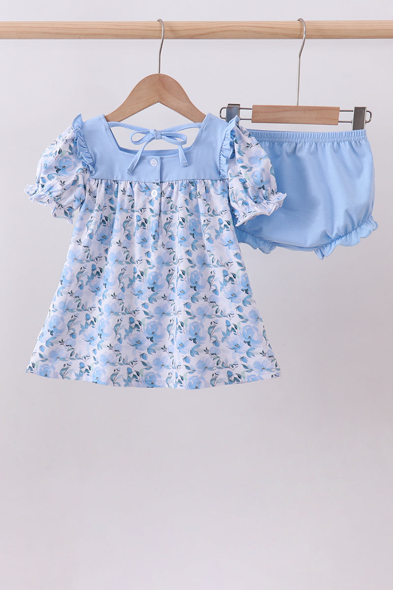 Blue Floral Ruffle Bloomer Set
