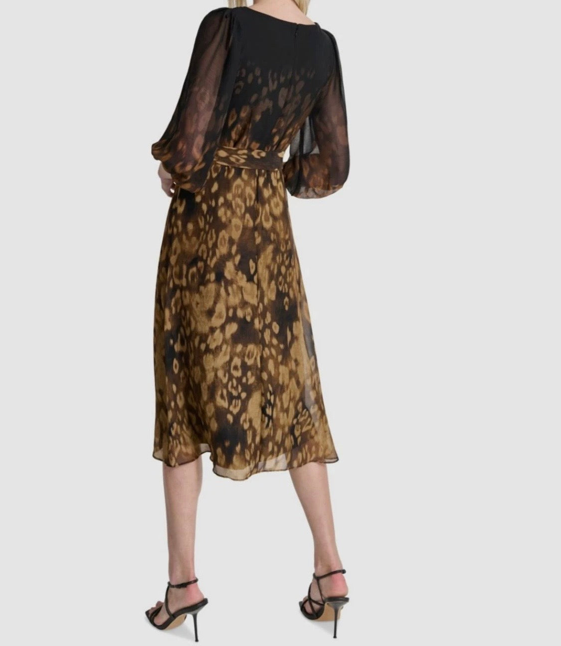 Women's 3/4 Mesh Sleeve Animal Print V-Neck A-Line Dress