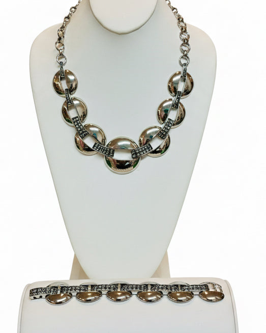 Vintage Modernist Silver-Tone Chunky Link Necklace & Bracelet Set