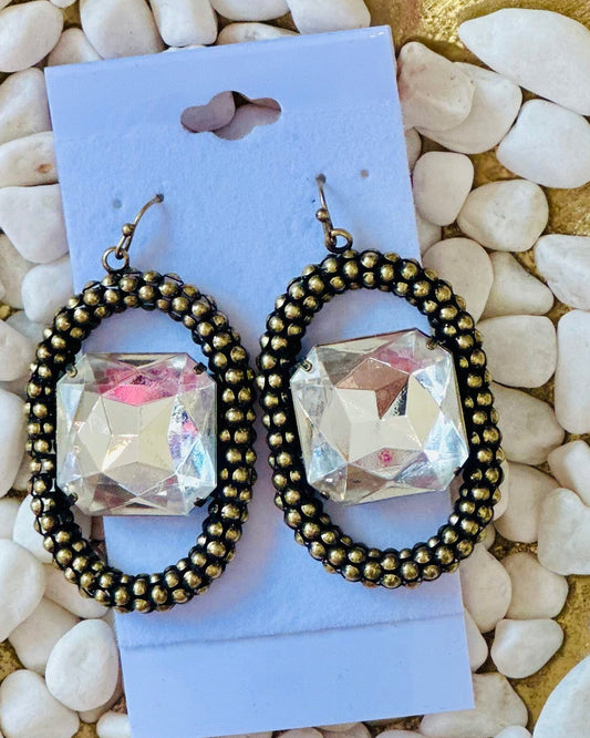 Hand-Finished Antique Brass Oval Hoops with Floating Emerald-Cut Crystals
