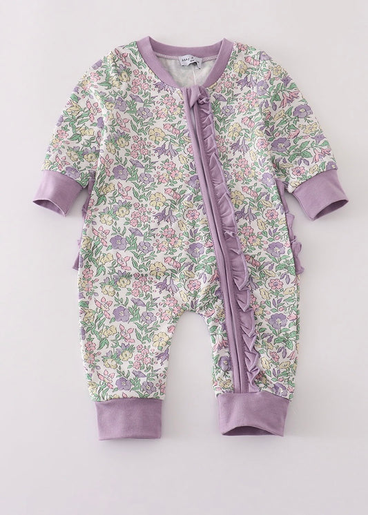 Purple Floral Print Ruffle Romper