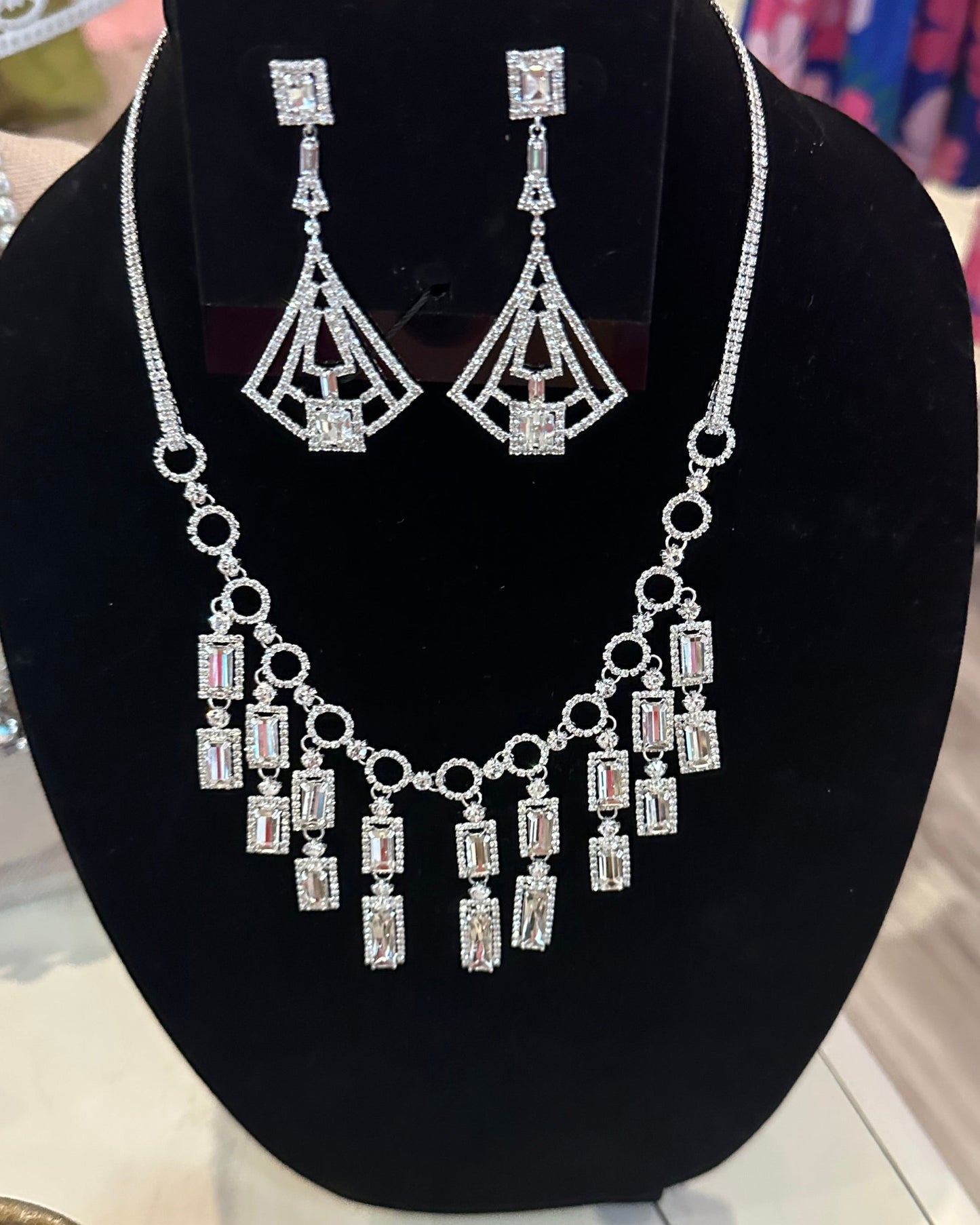Art Deco Inspired Rhinestone Necklace & Chandelier Earring Set
