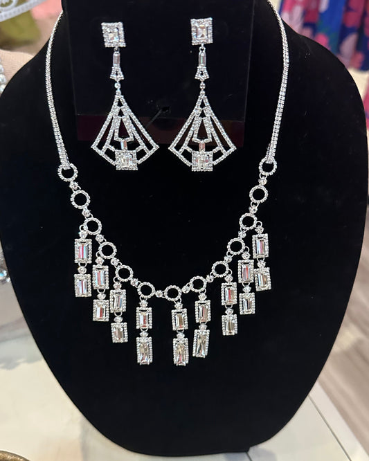Art Deco Inspired Rhinestone Necklace & Chandelier Earring Set