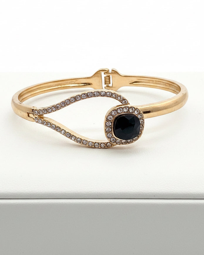 Vintage Midnight Onyx & Crystal Hinged Bangle