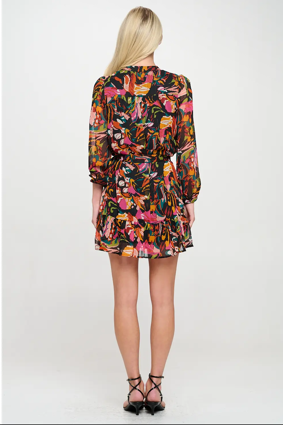 Black Ikat Long Sleeve Chiffon Dress