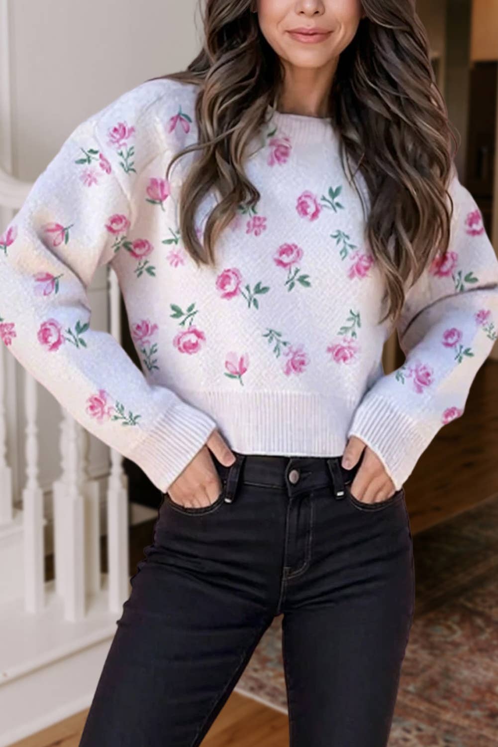 Sweet Floral Print Cropped Sweater