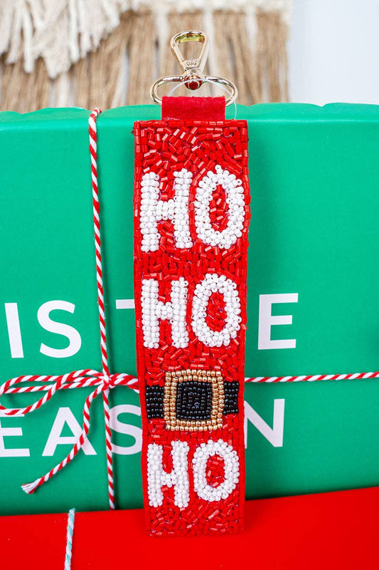 Ho Ho Ho Red Seed Bead Wristlet Keychain