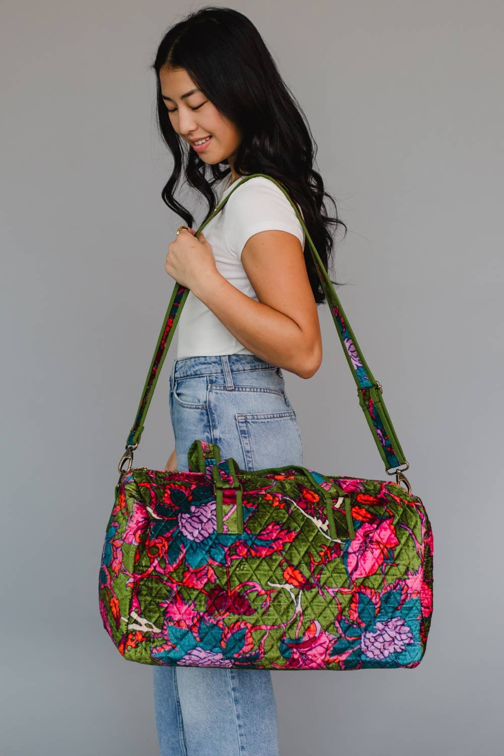 Olive & Multicolored Floral Duffle