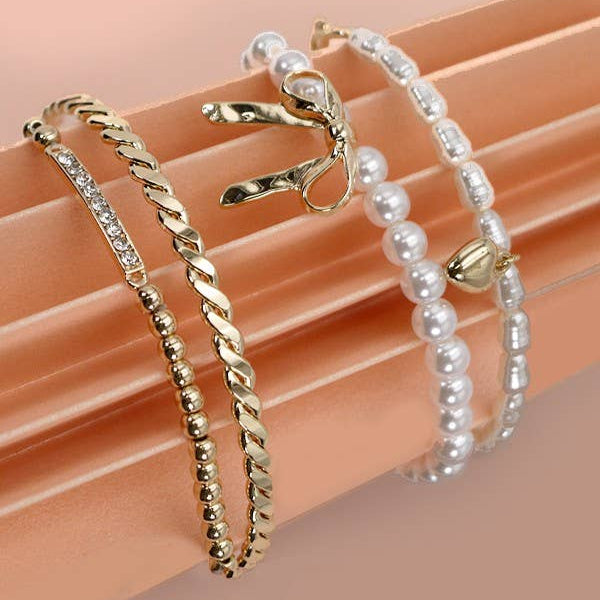 Bow Pearl Rhinestone Bangle Set
