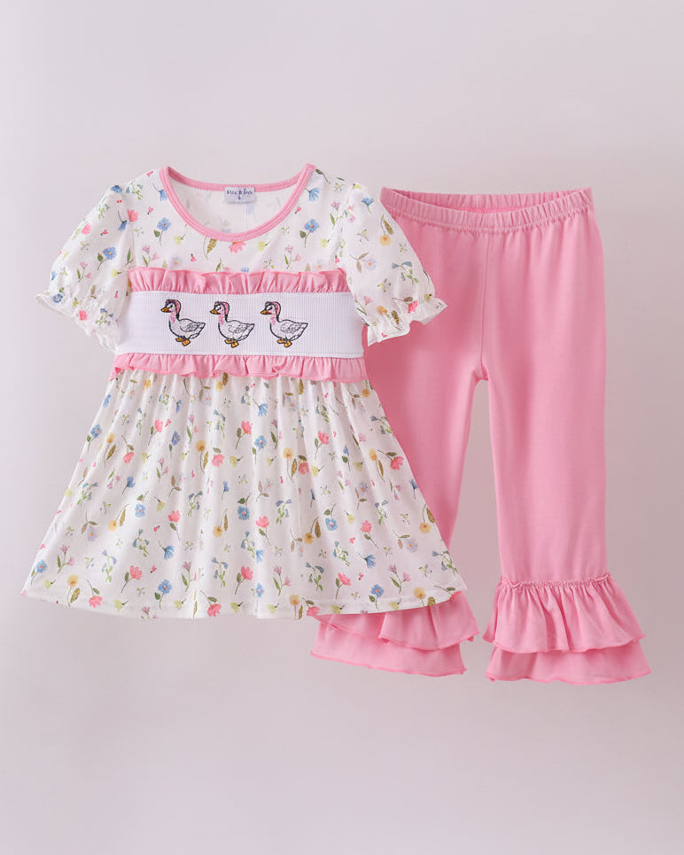 Pink Duck Embroidery Ruffle Pants Set