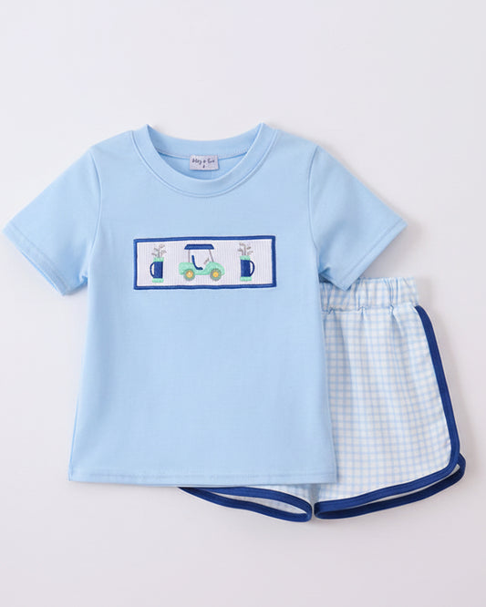 Blue Golf Cart Smocked Shorts Set