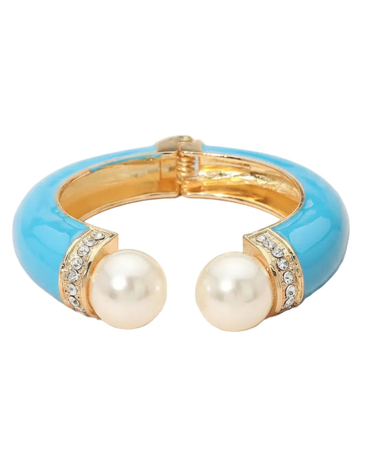 Turquoise Gold Pearl Enamel Hinged Bracelet
