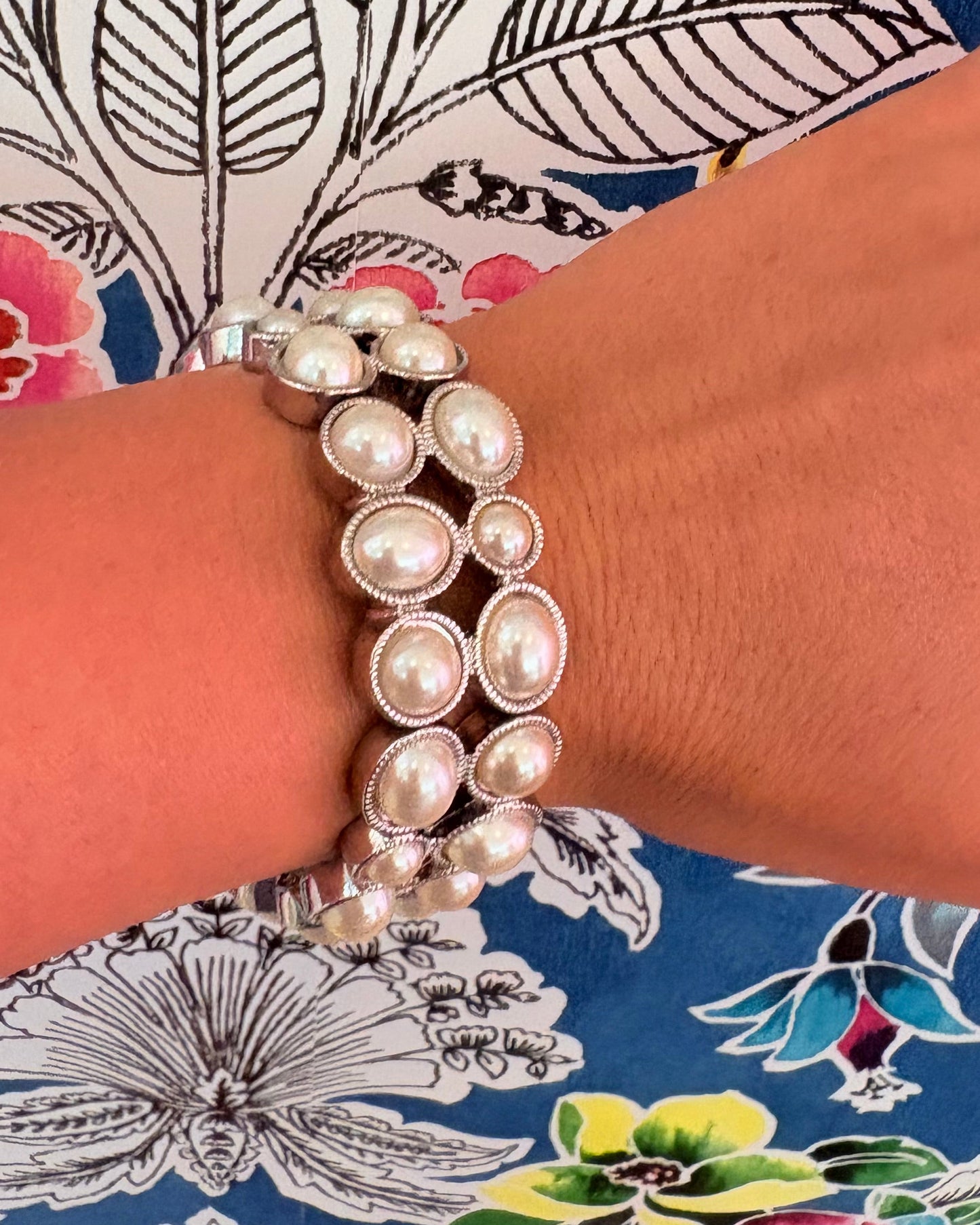 Vintage Silver-Tone Pearl Panel Statement Bracelet