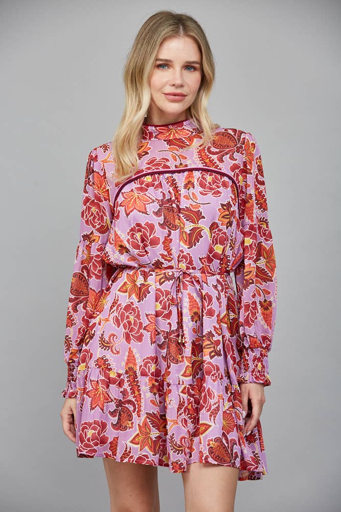 Long Sleeve Lavender Print Mini Dress