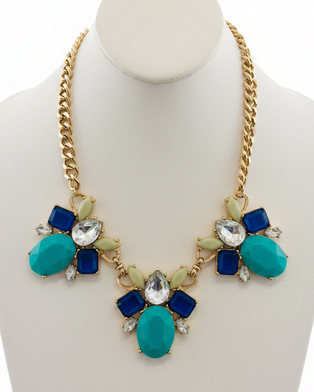 Vintage Mosaic Gemstone Statement Bib Necklace in Teal, Royal Blue, & Chartreuse