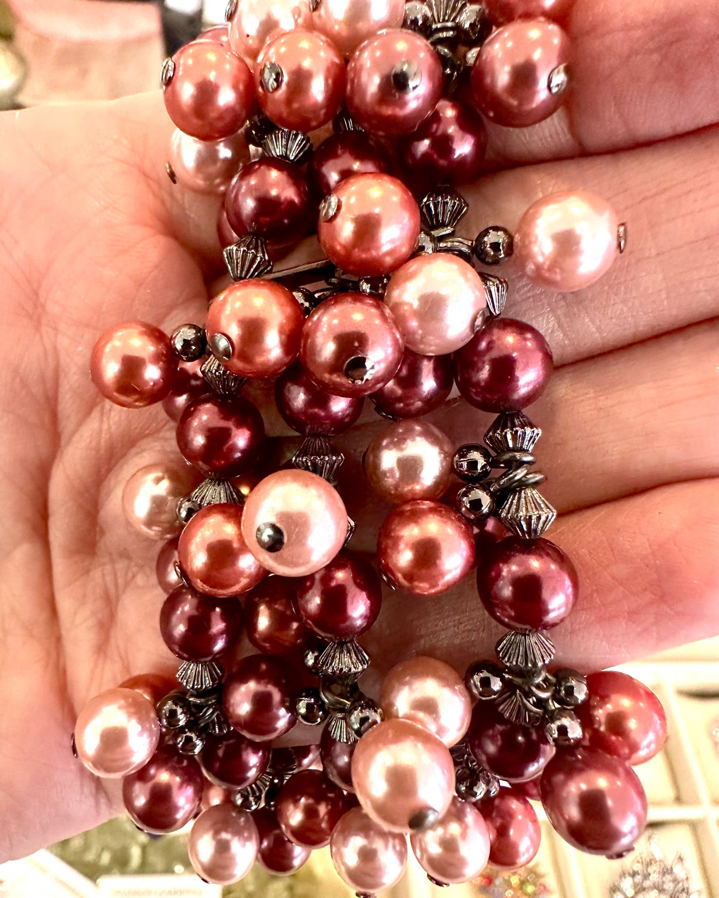 Vintage Cranberry Pearl Cluster Statement Bracelet