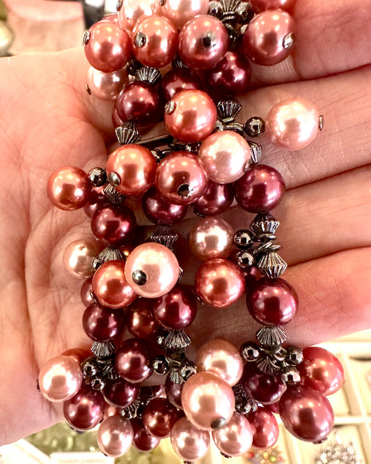 Vintage Cranberry Pearl Cluster Statement Bracelet