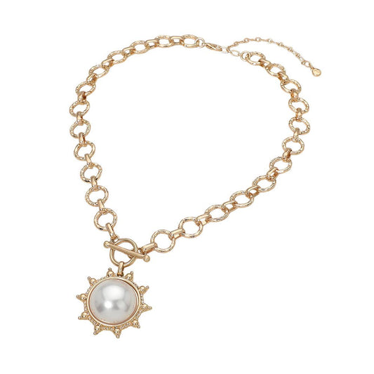 Pearl Center Sunburst Toggle Pendant Necklace