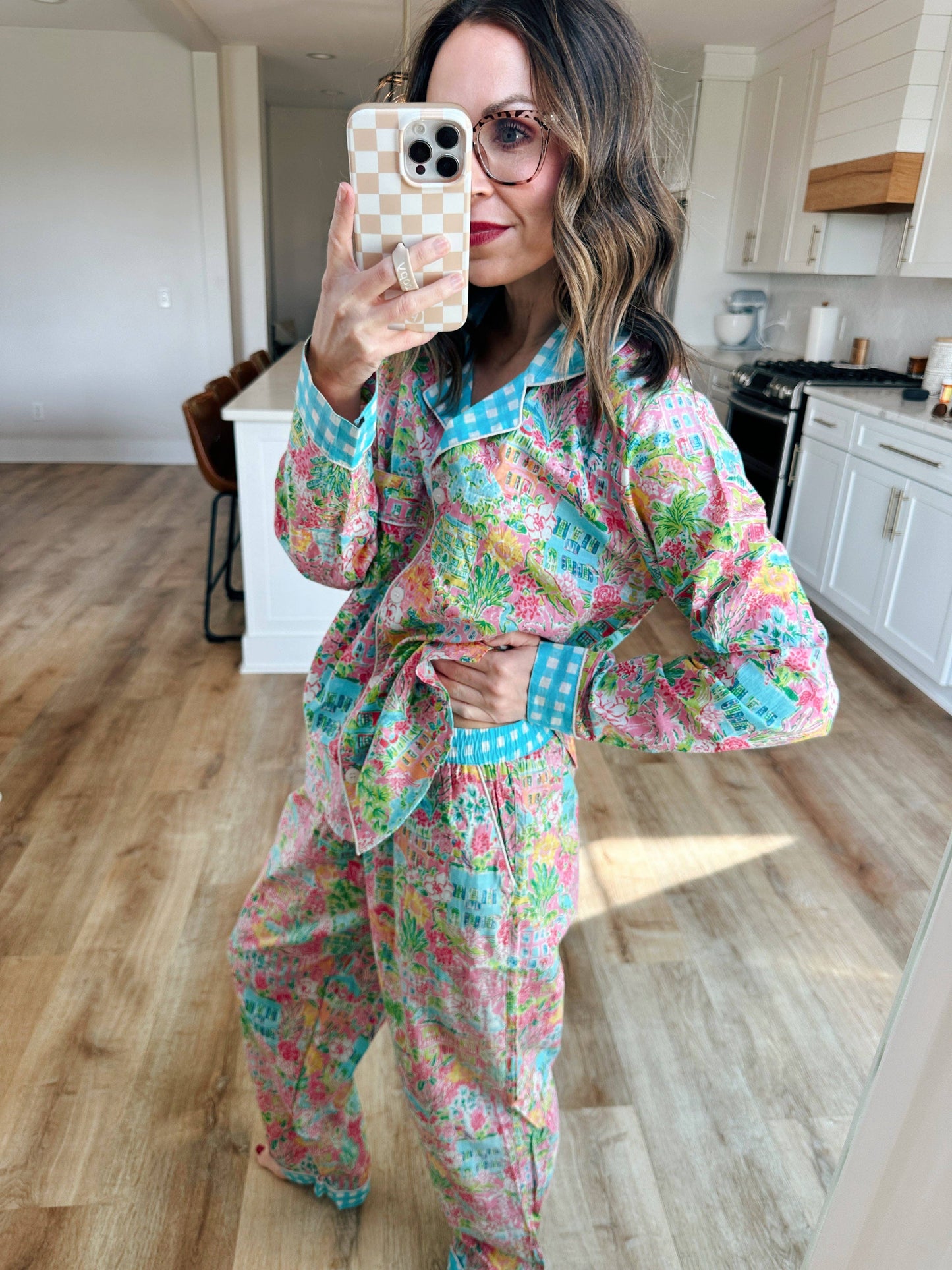 Women's Cotton Pajama Set - Pink Southern Town Print