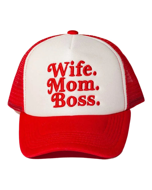 Red WIFE MOM BOSS Embroidered Trucker Hat