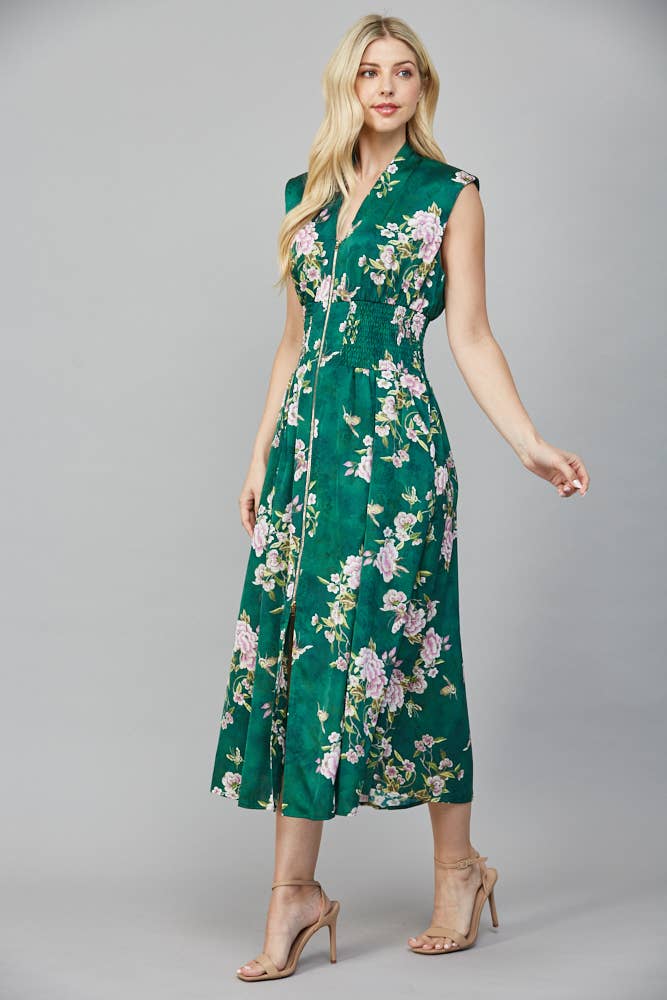 Vintage Green Floral Zip Dress