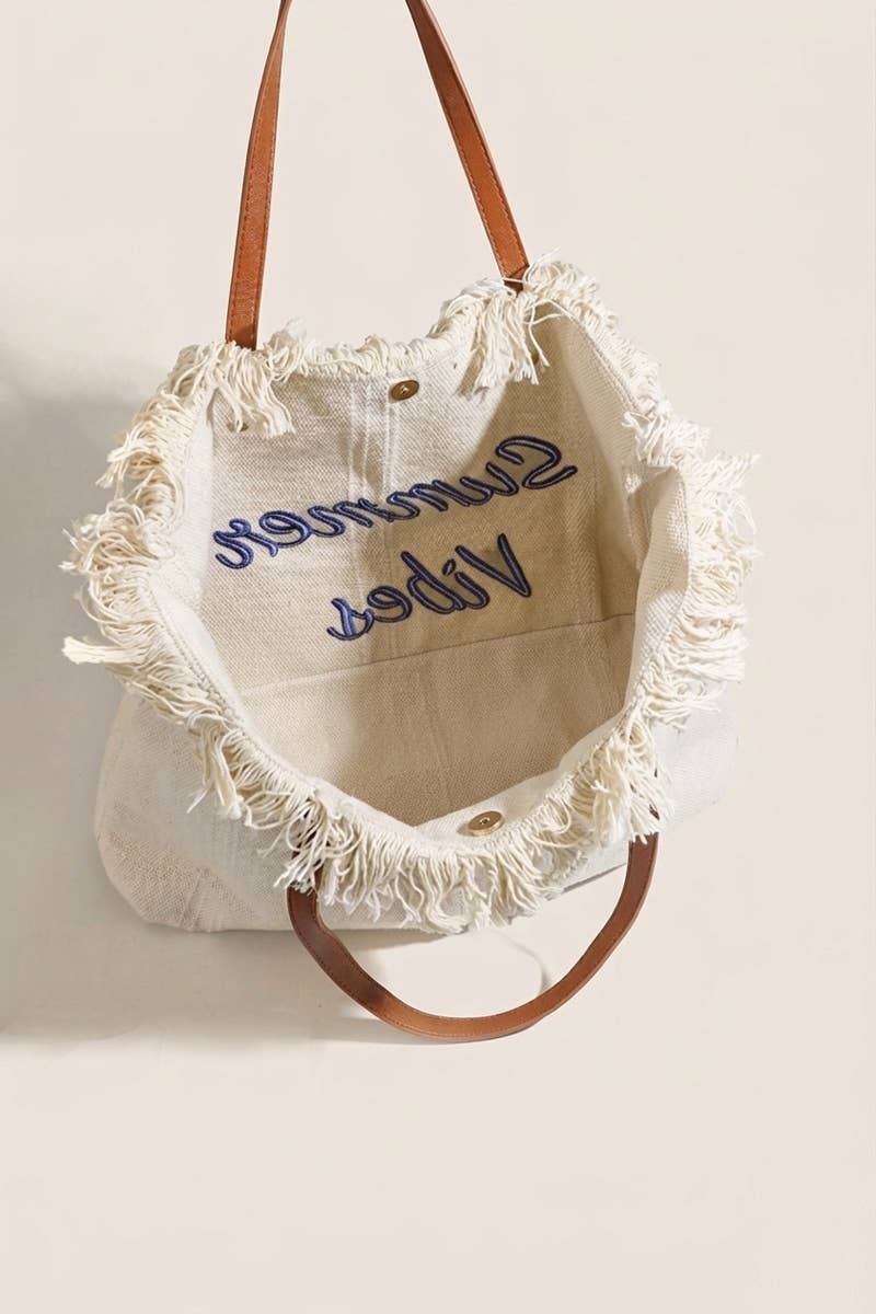 Ivory Summer Vibes Fringe Canvas Tote Bag