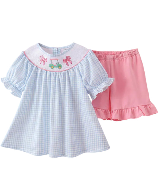 Blue Golf Cart Smocked Ruffle Shorts Set