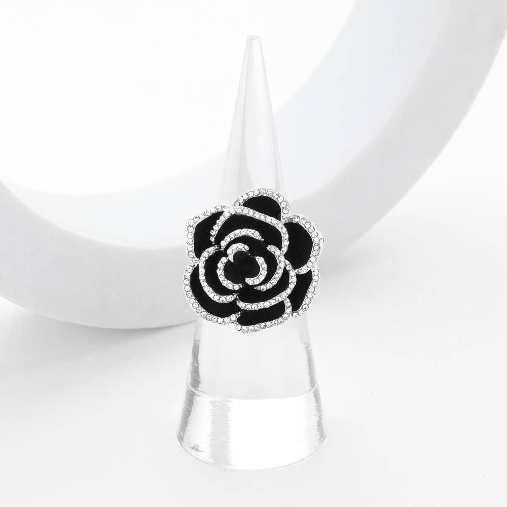 Rhinestone Enamel Rose Flower Stretch Ring