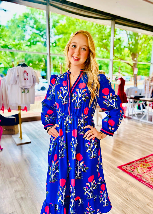 Vibrant Blue Floral Midi Dress