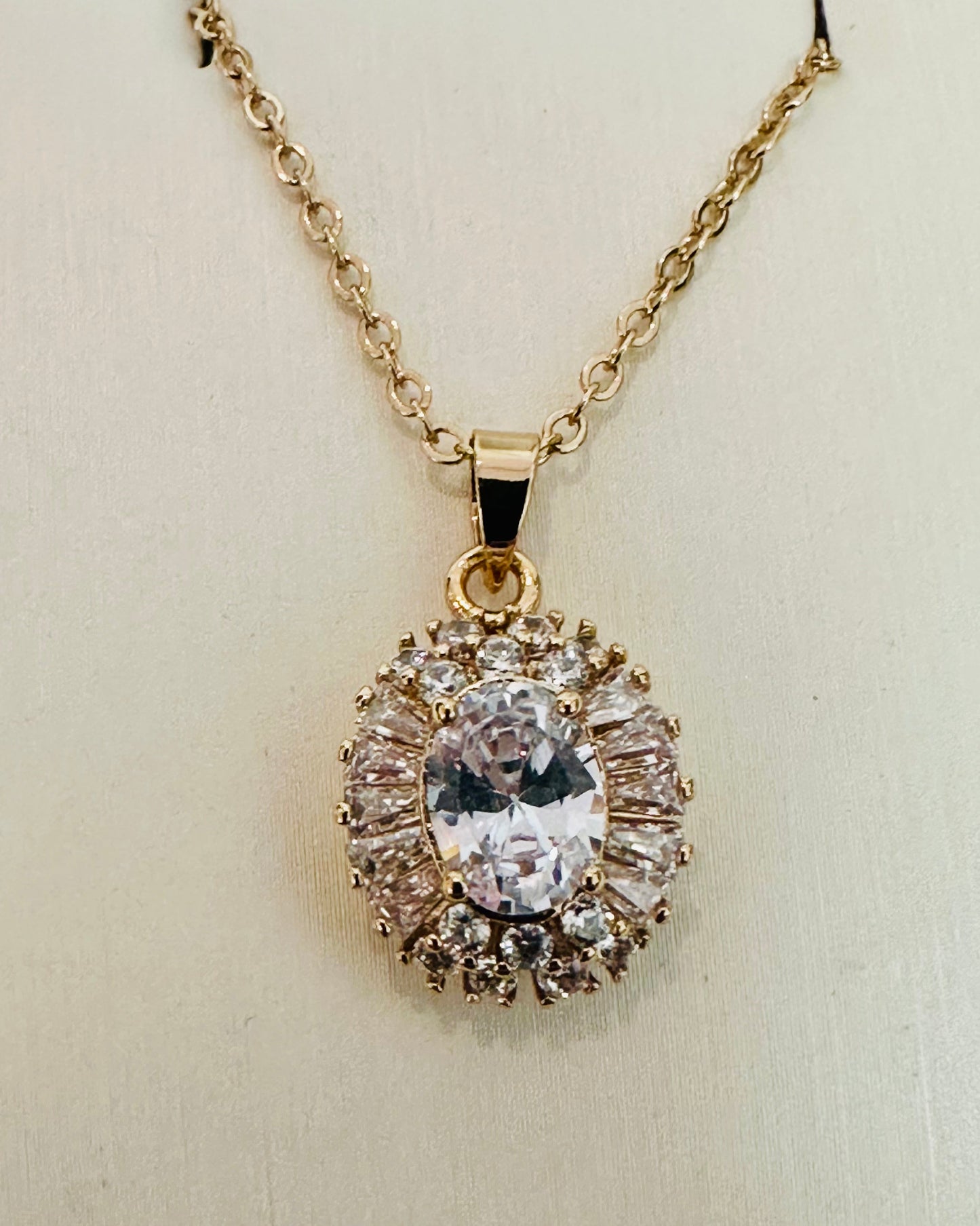 Oval Starburst Halo Pendant Necklace