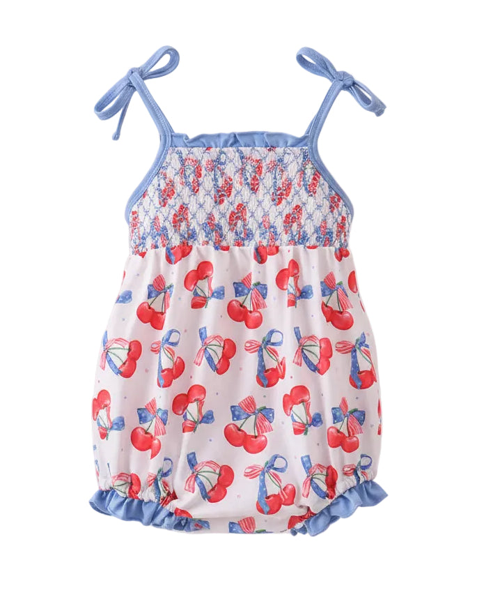 Blue Cherry Smocked Ruffle Bubble