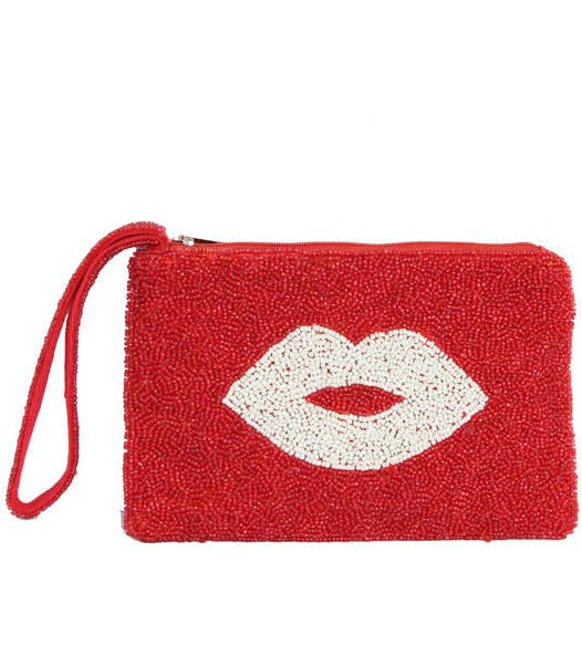 Red Beaded Lips Wristlet Wallet