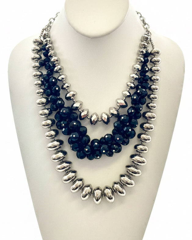 Vintage Four-Strand Layered Statement Necklace with Gunmetal Beads & Faceted Onyx